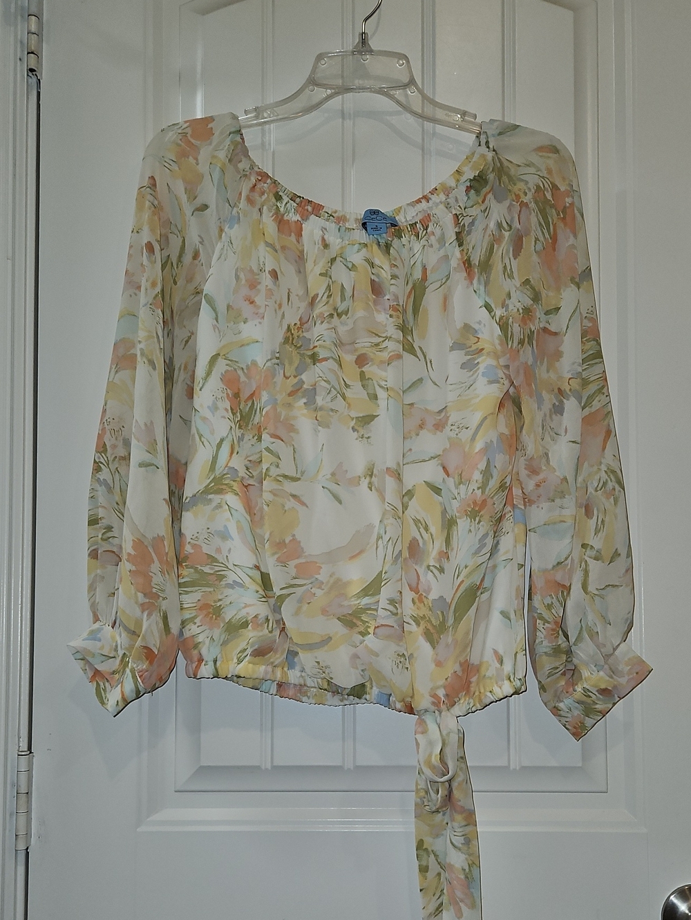 CeCe Pastel Floral Tie-Front Peasant Blouse